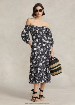 virágos vállszegélyes vászonruha 2680482976 nők Ralph Lauren krém liliom feketén