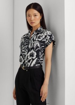 virágos vászon rövid ujjú ing 2680483857 nők Ralph Lauren fekete-fehér